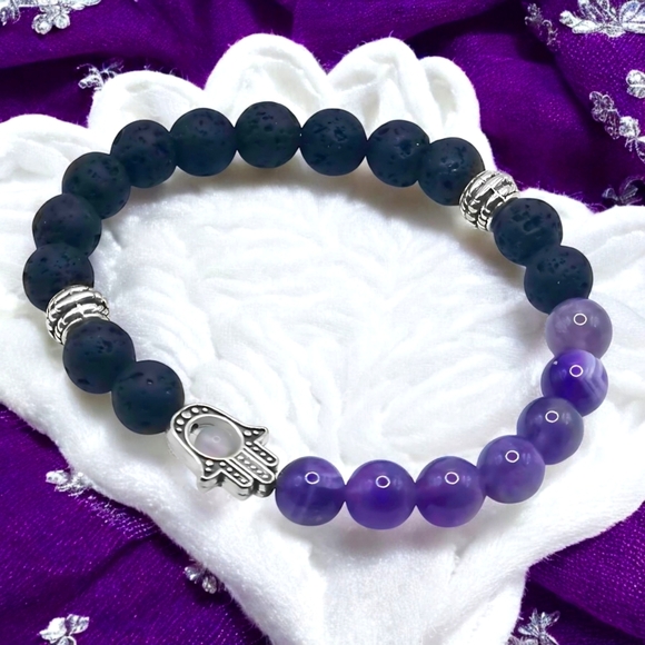 🆕️Hamsa Volcanic Lava Rock & Amethyst Stretch Bracelet + Bonus Boho Earrings 💜 - Picture 1 of 11